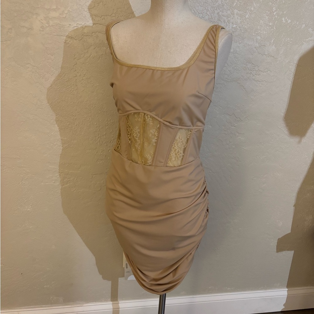 Fancmistery Beige Ruched Dress Shapewear with Lace Boned Detail Sz 3XL